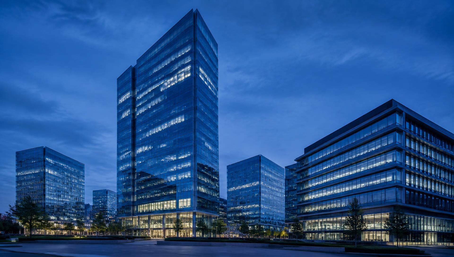 Modern glass office towers at dusk